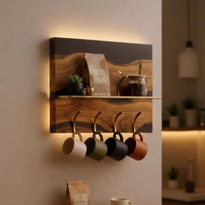 May include: A wooden coffee station with a shelf, hooks, and built-in lighting. It features a dark wood grain design with a black top section. Four mugs in cream, green, black, and brown hang below. A bag of coffee and a small plant sit on the shelf.
