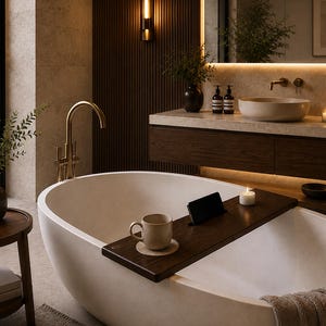 Peut inclure: Un plateau de baignoire en bois foncé posé sur une baignoire îlot ovale blanche. Le plateau comporte une fente rectangulaire pour smartphone, une tasse en céramique beige sur un sous-verre assorti et une petite bougie blanche.