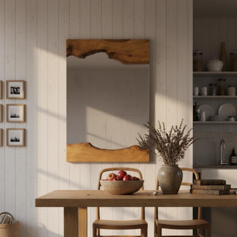 May include: A rectangular wall mirror featuring a natural live edge wood frame at the top and bottom. The wood has a warm brown tone with visible grain patterns, contrasting with the reflective glass surface centered between the two wooden sections.