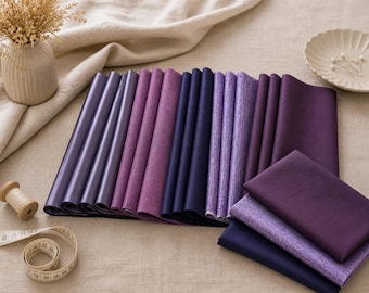 Cuadrados de tela lila, morado y rosa: retales de algodón para patchwork.