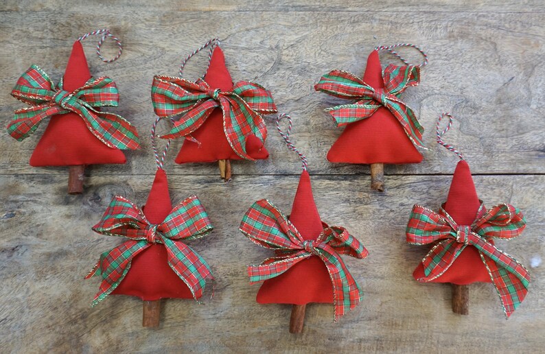 Handmade Fabric Christmas Tree Decorations Red With Tartan Bows Green