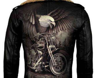 Spiked Steampunk Cow Leather Jacket, Eagle Patch, Custom Biker Moto