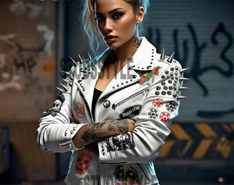 Nietenbesetzte Steampunk-Lederjacke, Aufnäher im Gothic-Biker-Stil, Maßanfertigung