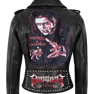 Bold Women&#39;s Leather Biker Jacket with Handcrafted Studs and Patches