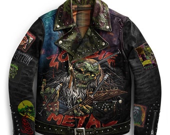 Chaqueta de cuero estilo steampunk para hombre, hecha a mano, con tachuelas y parches punk.