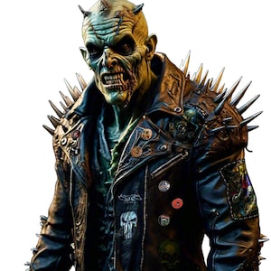 May include: A green and yellow monster with horns and a toothy grin, wearing a black leather jacket with spikes and studded with metal pins and patches.