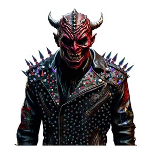 May include: A red devil mask with horns and a toothy grin, wearing a black leather jacket with colorful spikes and studs.