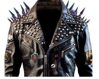 May include: Black leather jacket with silver studs and spikes. The jacket has several patches, including a skull, a car, and the text "ALEKKING".