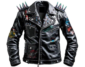 May include: A black leather biker jacket with studded details and various band patches, including "Iron Maiden", "War Pigs", and "Ramones".