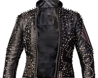 May include: Black leather jacket with silver studs and star-shaped embellishments. The jacket has a zipper closure and a stand-up collar.