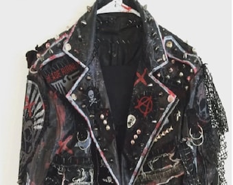 Women Patches Edge Leather Jacket, Rocker Punk Studs Style