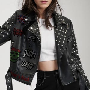 Black Cowhide Leather Brando Jacket Punk Rock Gothic Style with Silver Pyramid Studs & Bold Patches