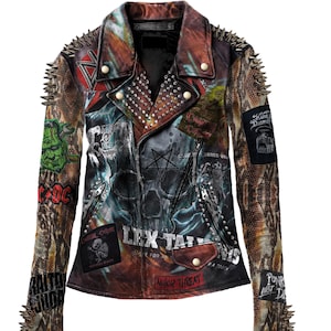 Blouson motard personnalisable en cuir punk rock pour femme avec empiècements gothiques