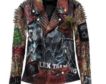 Customizable Women Biker Punk Rock Leather Jacket with Gothic Patches