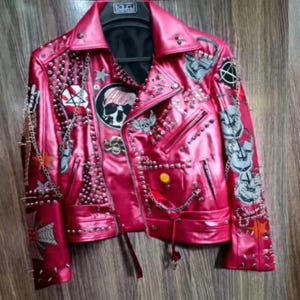 Dead Signal Men’s Pink Leather Jacket Skull Back, Studded Sleeves & Punk Chain Warfare