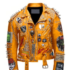 May include: Mustard yellow leather jacket adorned with silver studs and spikes. The front is covered in patches and pins, and the back features a graphic and the word "PUNK!!". A striking fashion item.