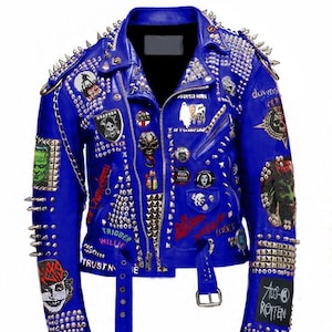 May include: A striking blue leather jacket, adorned with silver studs and patches. The jacket has a classic biker design with a notched collar and an asymmetrical zip. The back features a graphic with the text "THE AXIS" and "PUNK!!".