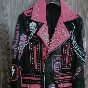 Street Edgy Biker Studded Gothic, Patches Leather In Steampunk Rocker