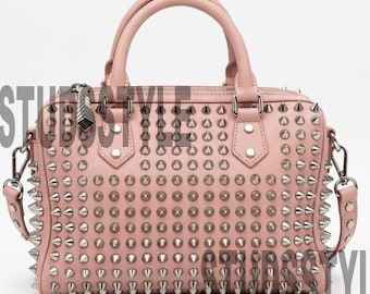 Bolso de mano de piel de oveja con pinchos rosas, hecho a mano, estilo gótico punk, para mujer.