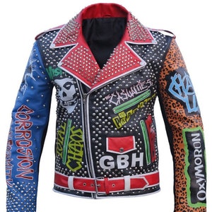 Men Motorbike Studded Patches Cowhide Leather Jacket