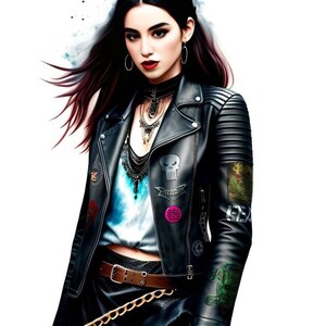 May include: A woman wearing a black leather jacket with various patches, a black choker necklace, and a black mini skirt. She has long dark hair and is wearing red lipstick.