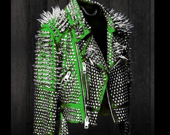 May include: A green leather jacket with silver studs and spikes. The jacket has a zipper closure and a belt at the waist.