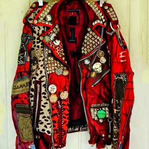 Crimson Verdict Men’s Red Punk Jacket with Leopard Print, Spiked Shoulders and Anarchist Band Patches