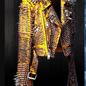 Edgy Men&#39;s Studded Leather Jacket, Steampunk Aesthetic Brando Style