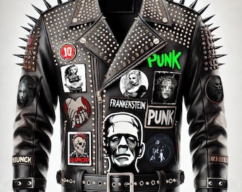 Biker Leather Jacket with Eye-Catching Punk Rock Patches and Steampunk Spiked Studs