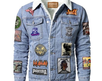 Herren Denim Fashion Gothic Jacke, Edgy Patches Punk Jeans Style