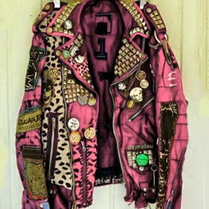 Rehab Priest Men’s Pink Punk Jacket, Leopard Print, Studded Shoulders & Gothic Rock Patches