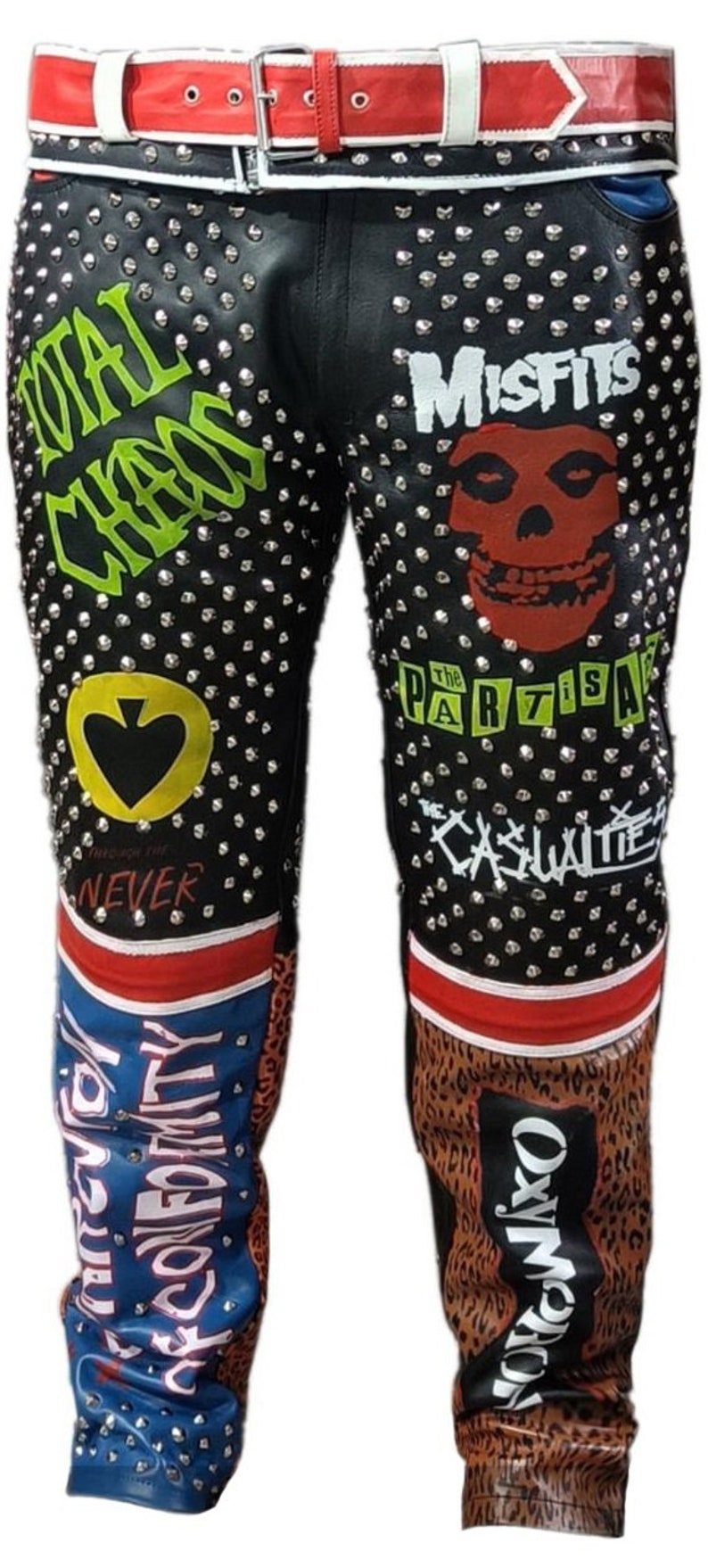 Men Motorbike Studded Patches Cowhide Leather Pant