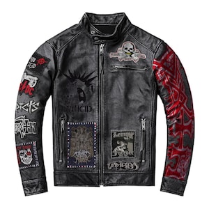Punk Patches Men Rocker Gray Leather Biker Handmade Jacket