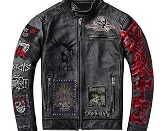 Punk Patches Männer Rocker Grau Leder Biker Handgemachte Jacke