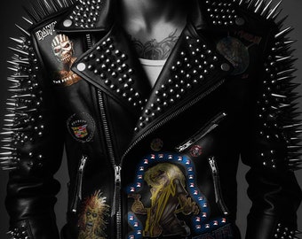Spiked Studs Steampunk Lederjacke, Herren Edgy Rocker Patches Style