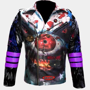 Monstrous Style Wild Joker Punk Rocker&#39;s Pride Cowhide Leather Rebel&#39;s Riot Patches Jacket