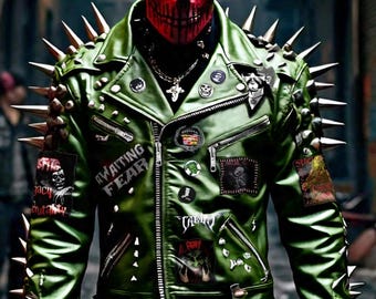 PUNK短丈レザージャケット(※購入既に確定してます) 手作りのマルチカラーレザーパンクモトジャケット – パッチとスタッズ