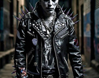 Rainbow Spiked Steampunk Patches Leather Jacket, Men's Edgy Rainbow Spiked Steampunk Patches Leather Jacket, Men's Edgy