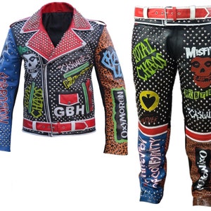 Men Motorbike Studded Patches Cowhide Leather Pant Jacket Costume
