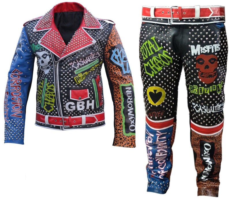 Men Motorbike Studded Patches Cowhide Leather Pant Jacket Costume
