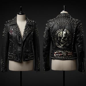 Horror Punk Women Fashion, Steampunk Gothic Rivets Studs, Patches Leather Rocker Jacket