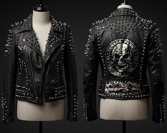 Horror Punk Women Fashion, Steampunk Gothic Rivets Studs, Patches Leather Rocker Jacket