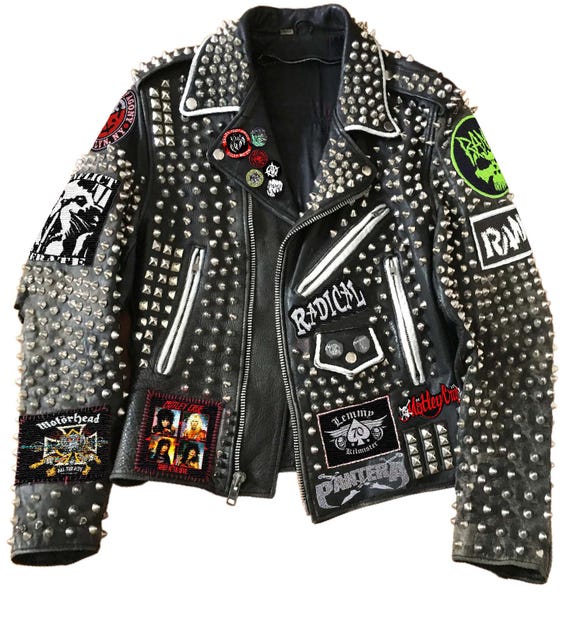 Edgy Spiked Leather Jacket, Iconic Punk Heavy Metal Band Patches