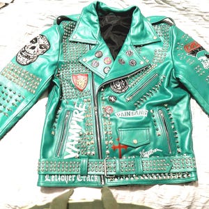 Edgy Men Leather Street Rocker Jacket, Patches Gothic Handcrafted In Studded Punk Style