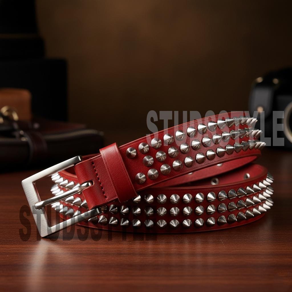 Hand Stitched Spikes Studded Red Leather Belt Strike Coil  display picture 2