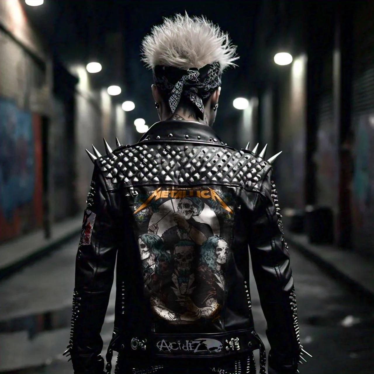 y2k FIRST ペイントスタッズ付きレザージャケット　punk Handmade Jacket Spikes Rivets Studs, Punk Street Gang Biker Gothic