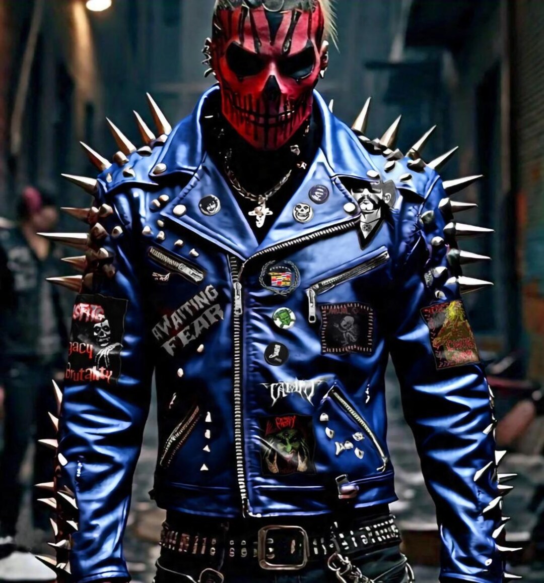 Men's Punk Fashion Jacket Midnight Omen in Blue With Spikes and