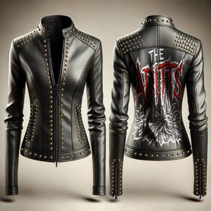 Könnte beinhalten: Schwarze Lederjacke mit goldenen Nieten und einem weißen Stickmuster auf der Rückseite, das "THE ADITS" sagt.