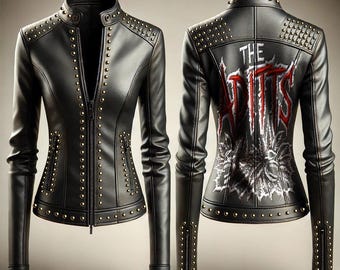 Khaos Handgefertigte, anpassbare schwarze Lederjacke für Frauen mit goldenen Nieten und The Aditts Patch