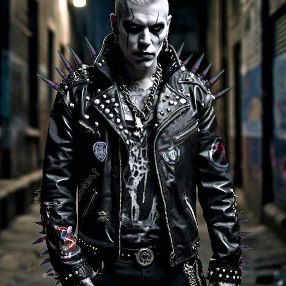 Rainbow Spiked Steampunk Patches Leather Jacket, Men's Edgy Rocker